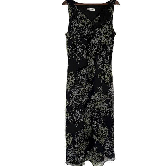 Vintage Y2K Mesh Maxi Sun Dress XL Black Green Floral Fairy Whimsy Core V Neck - Picture 1 of 6